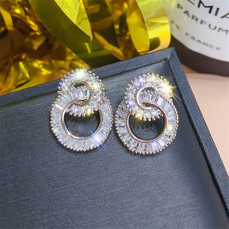 Shiny Zircon Stud Earrings for Women 2019 Bijoux Silver Color Small Circle Crystal Earrings Statement Jewelry Party Gifts