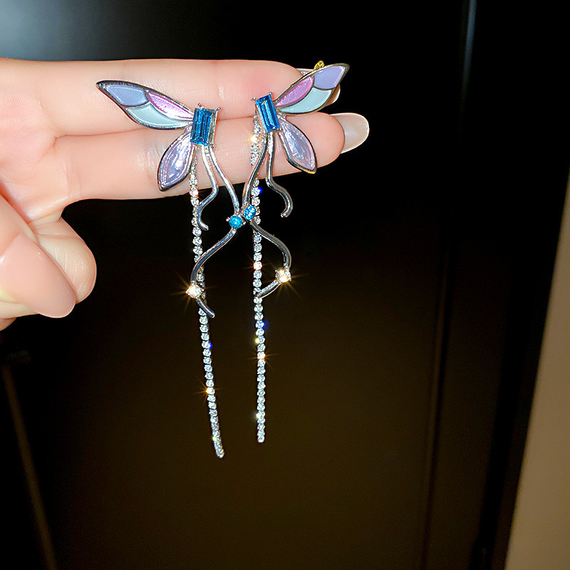 Purple Enamel Butterfly Drop Earrings for Women Long Tassel Rhinestone Earrings Weddings Party Jewelry