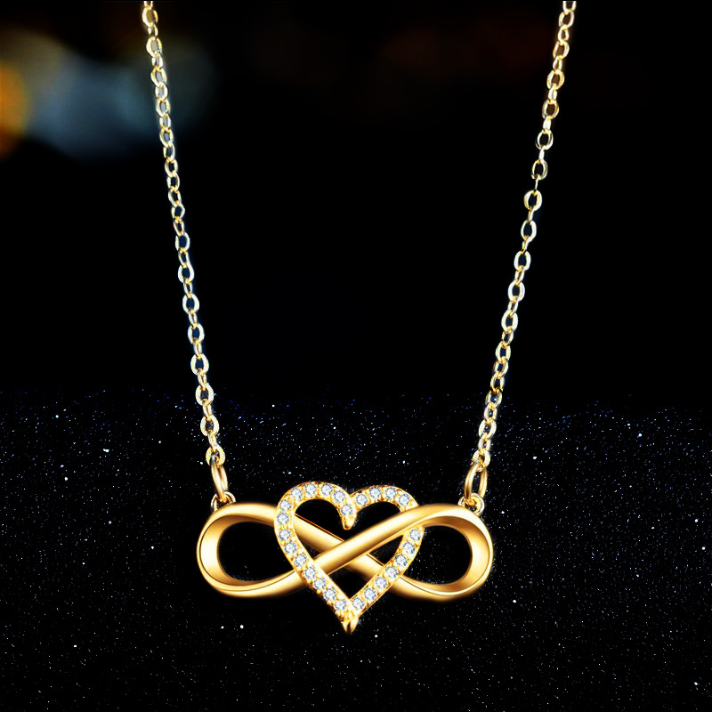 Fashion Women Gold Heart Lucky 8 Diamond Heart Pendant Necklace Jewelry