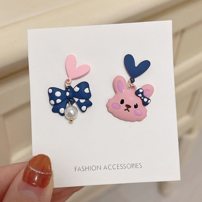 Self-designed S925 silver needle  love bow rabbit earrings sweet and lovely pearl earrings