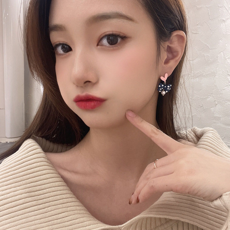 Self-designed S925 silver needle  love bow rabbit earrings sweet and lovely pearl earrings