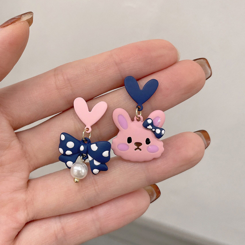 Self-designed S925 silver needle  love bow rabbit earrings sweet and lovely pearl earrings