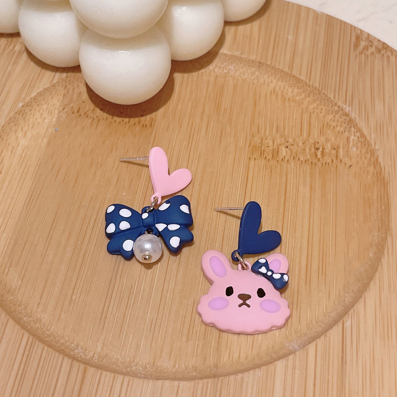 Self-designed S925 silver needle  love bow rabbit earrings sweet and lovely pearl earrings
