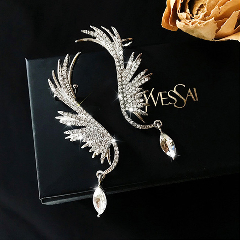 Fashion Full Rhinestone Wing Clip Drop Earrings for Women Bijoux Shiny Water Drop Crystal Dangle Earrings Jewelry Gifts