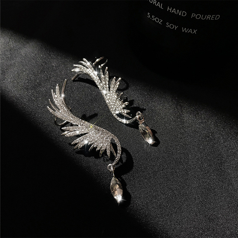 Fashion Full Rhinestone Wing Clip Drop Earrings for Women Bijoux Shiny Water Drop Crystal Dangle Earrings Jewelry Gifts