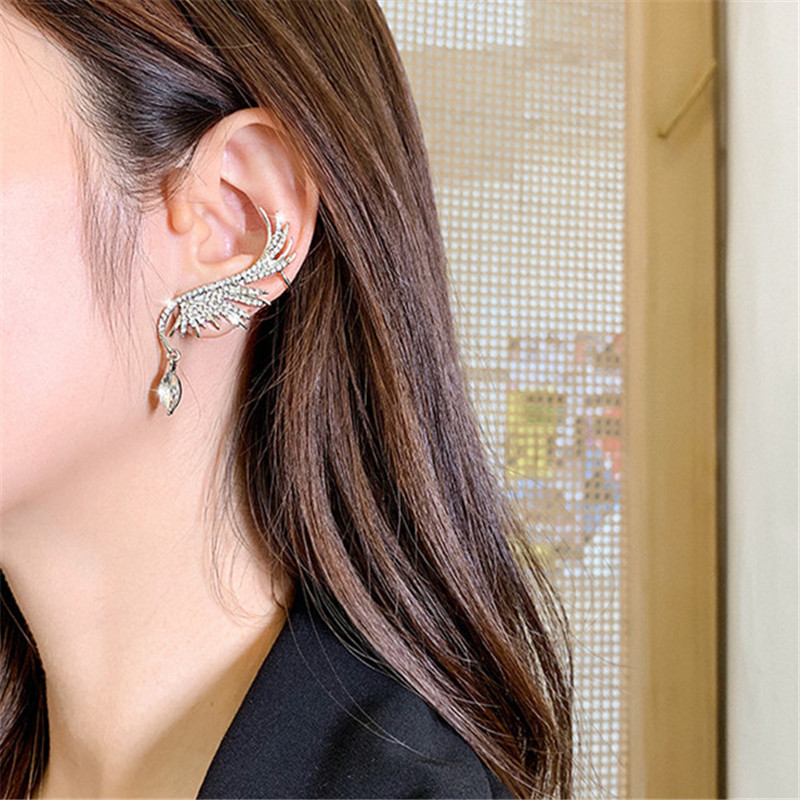 Fashion Full Rhinestone Wing Clip Drop Earrings for Women Bijoux Shiny Water Drop Crystal Dangle Earrings Jewelry Gifts