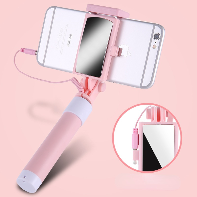 Mini Selfie Stick Stainless Steel with Rearview Mirror Folding Wire-controlled Mobile Phone Integrated Universal