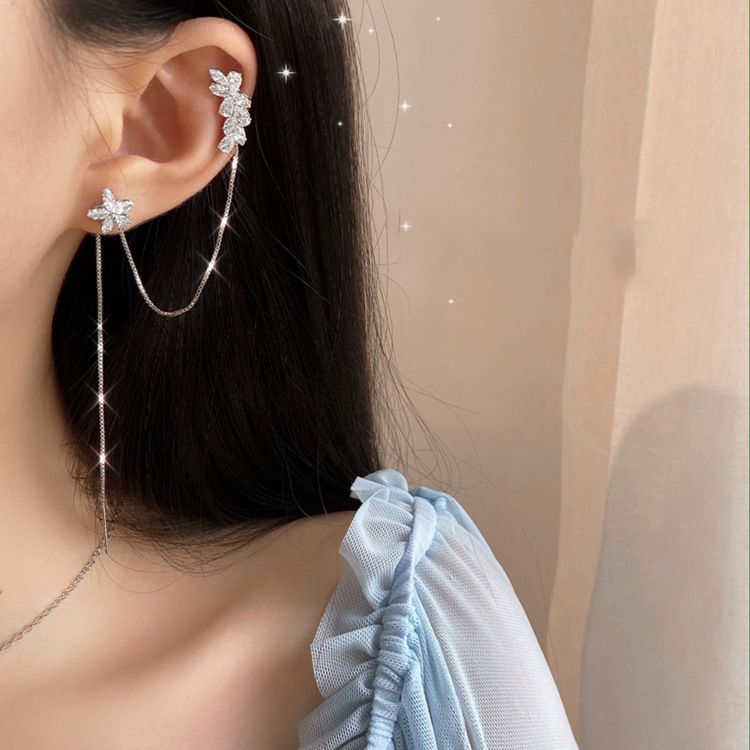 Electroplating 925 silver needle flower chain ear stud ear clip one-piece Dongdamen fashion temperament diamond earrings