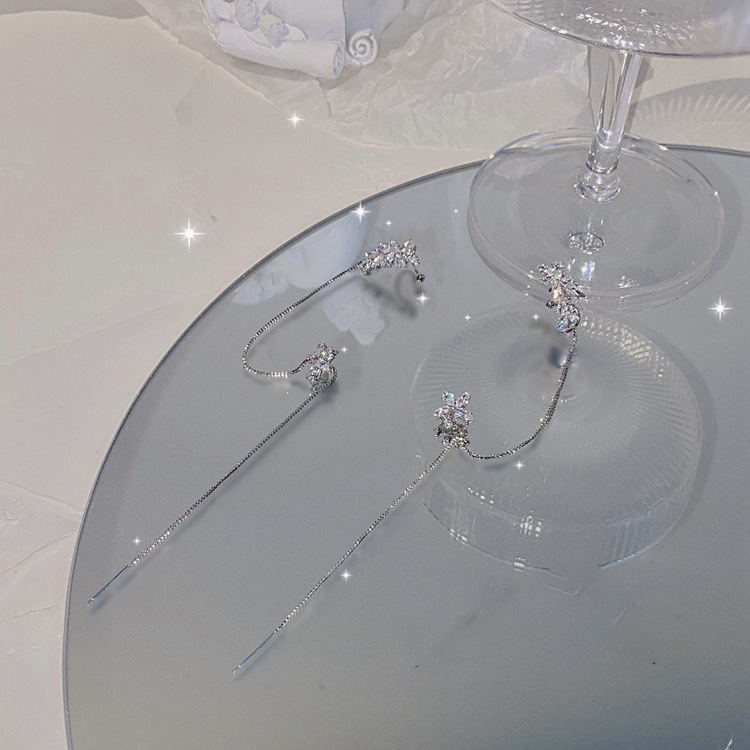 Electroplating 925 silver needle flower chain ear stud ear clip one-piece Dongdamen fashion temperament diamond earrings
