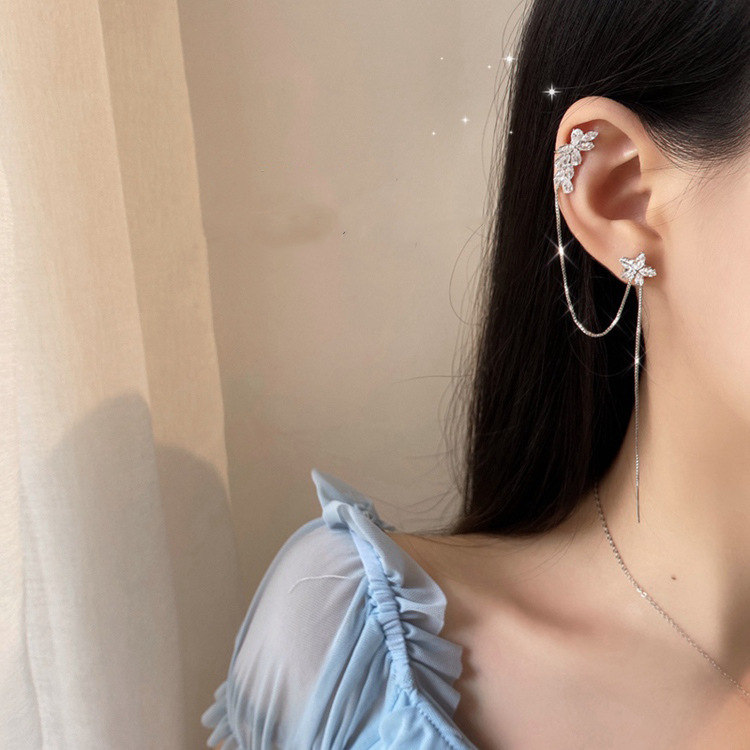 Electroplating 925 silver needle flower chain ear stud ear clip one-piece Dongdamen fashion temperament diamond earrings