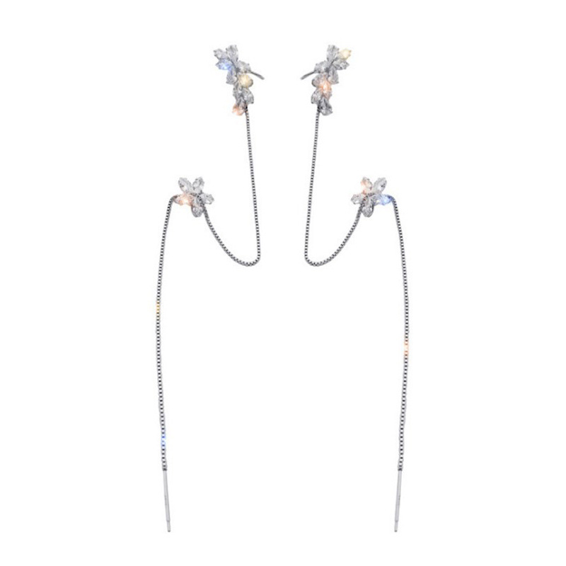 Electroplating 925 silver needle flower chain ear stud ear clip one-piece Dongdamen fashion temperament diamond earrings