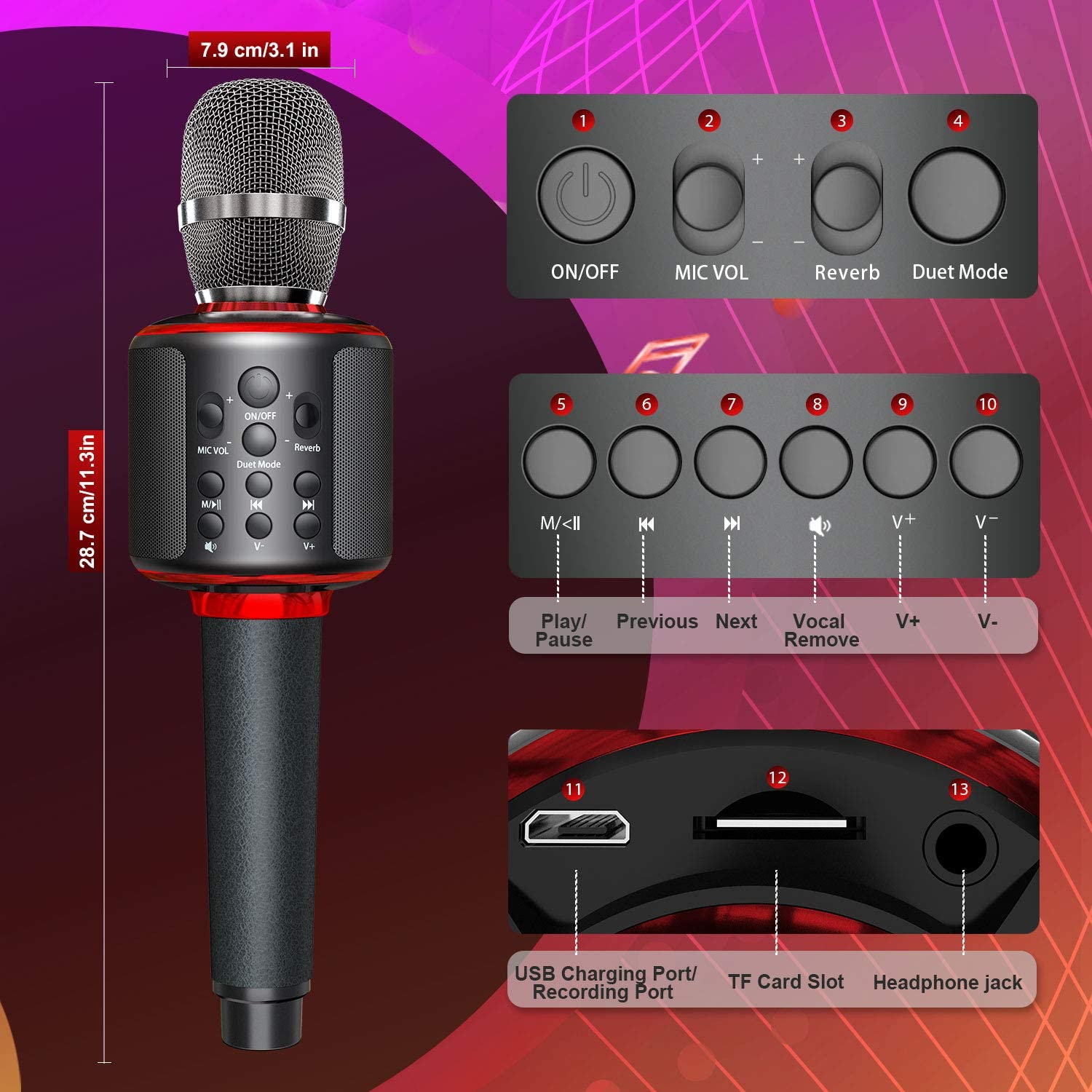 Karaoke Microphone Wireless Singing Machine with Bluetooth Speaker for Cell Phone/PC, Portable Handheld Mic Speaker