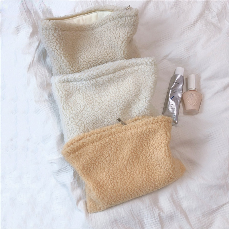 Fashion Solid Color Lambswool Makeup Bag for Women Soft Wool Cosmetic Bag Travel Female Make Up Storage Organizer