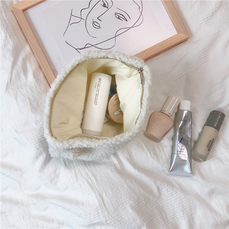 Fashion Solid Color Lambswool Makeup Bag for Women Soft Wool Cosmetic Bag Travel Female Make Up Storage Organizer