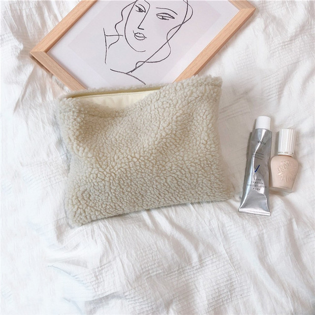 Fashion Solid Color Lambswool Makeup Bag for Women Soft Wool Cosmetic Bag Travel Female Make Up Storage Organizer