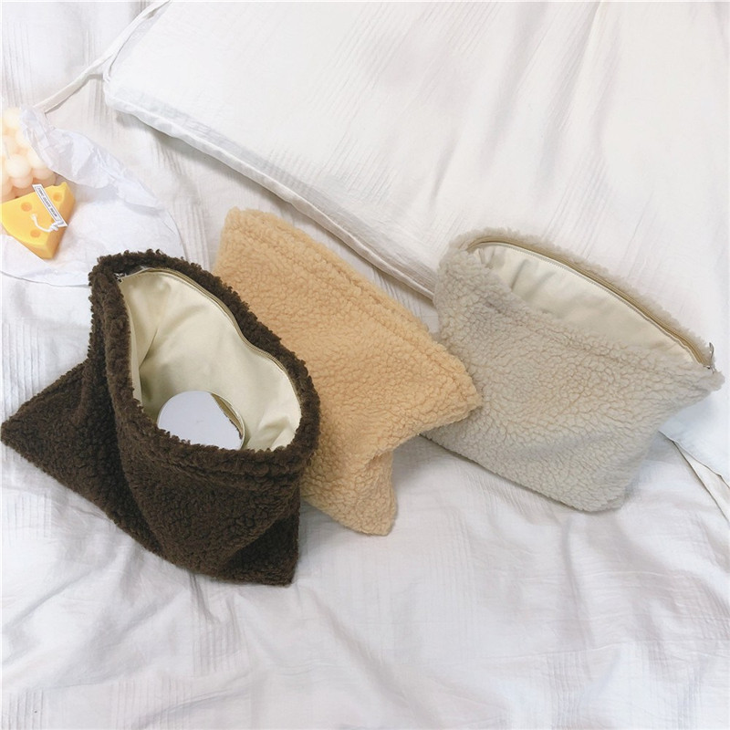 Fashion Solid Color Lambswool Makeup Bag for Women Soft Wool Cosmetic Bag Travel Female Make Up Storage Organizer