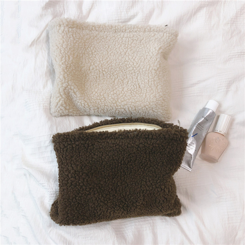 Fashion Solid Color Lambswool Makeup Bag for Women Soft Wool Cosmetic Bag Travel Female Make Up Storage Organizer