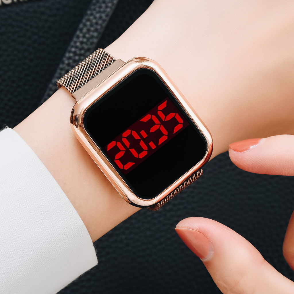 Square Simple Led Girls' Electronic Watch Middle School Student Trend Fashion Mesh Strap Fashion Quartz Watch