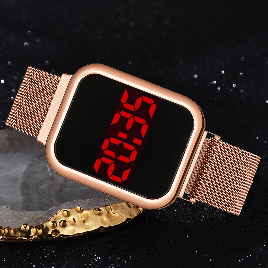 Square Simple Led Girls' Electronic Watch Middle School Student Trend Fashion Mesh Strap Fashion Quartz Watch
