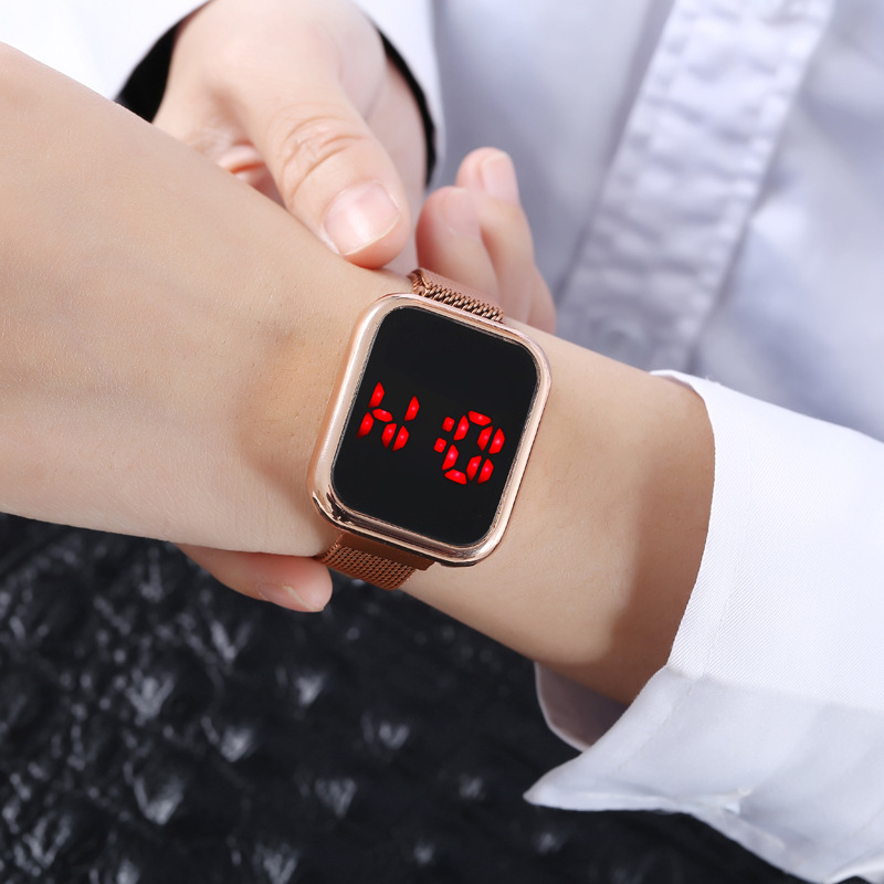 Square Simple Led Girls' Electronic Watch Middle School Student Trend Fashion Mesh Strap Fashion Quartz Watch