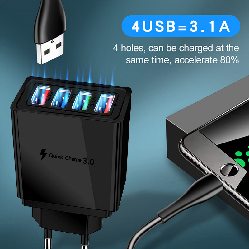3.1A 4-Port USB Wall Plug Power Adapter Wall Charger Compatible with ios/Android Quick Charge Cube Brick Box Base Head