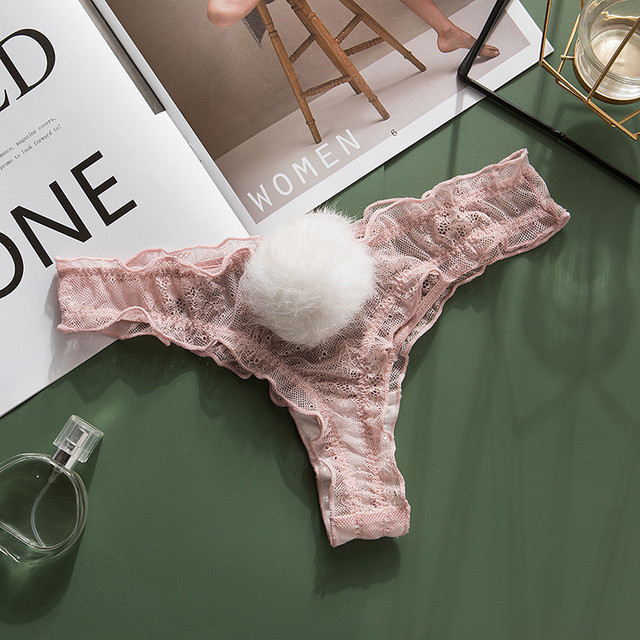 Removable Ball Bunny Girl Sexy Thong Women Cute Sexy Low Waist Lace Panties Transparent Mesh Underwear