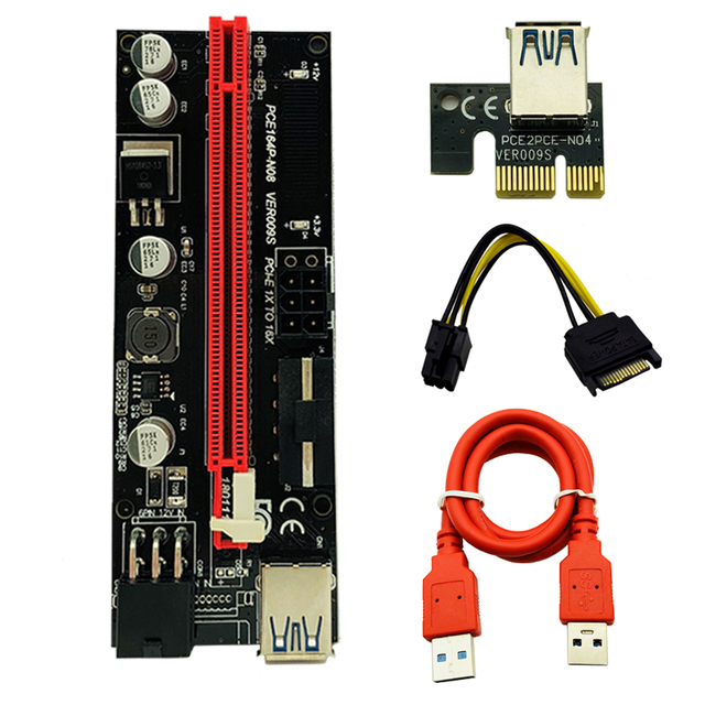 009S PCIE RISER 6PIN 16X Adapter with 2 LEDs Express Card Sata Power Cable and 60cm USB 3.0 Cable for BTC Miner Antminer Mining