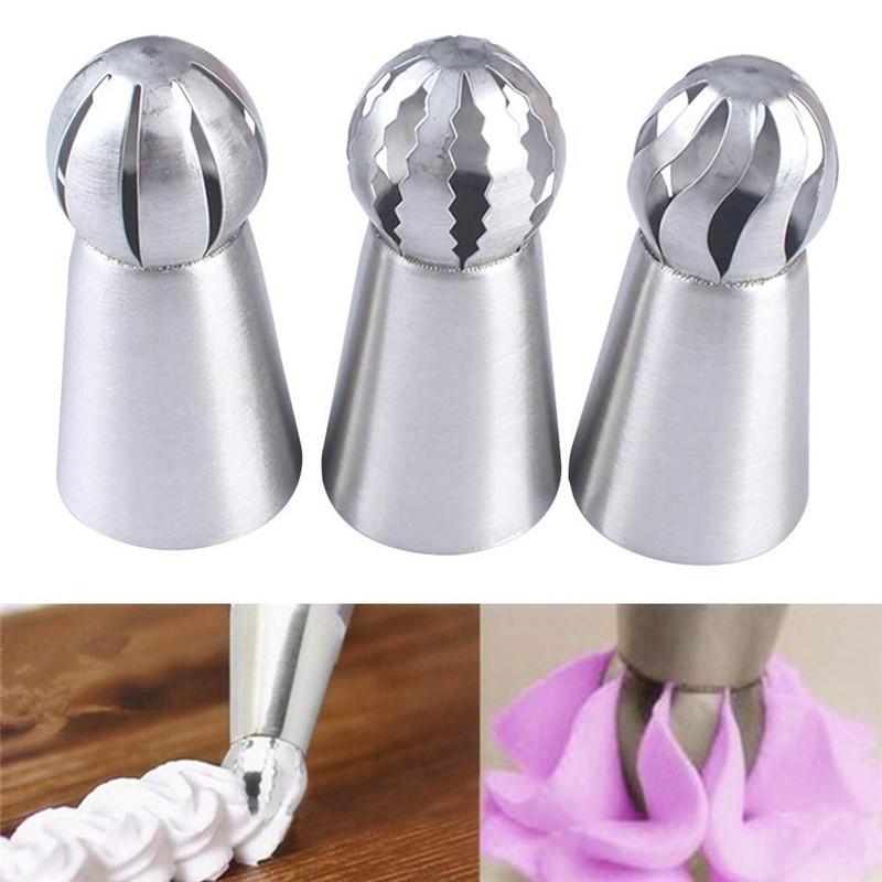 3PC Cupcake Stainless Steel Sphere Ball Shape Icing Piping Nozzles Pastry Cream Tips Flower Torch Pastry Tube Decoration Tools