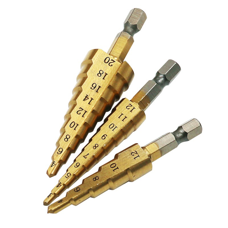 Steel Titanium Coated Step Drill Bits 3-12mm 4-12mm 4-20mm Step Cone Cutting   Hand Tools Steel Wood Metal Drilling Power Set
