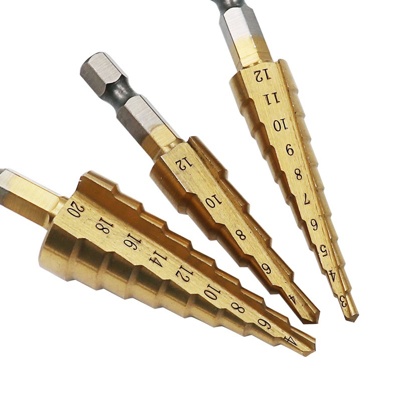 Steel Titanium Coated Step Drill Bits 3-12mm 4-12mm 4-20mm Step Cone Cutting   Hand Tools Steel Wood Metal Drilling Power Set