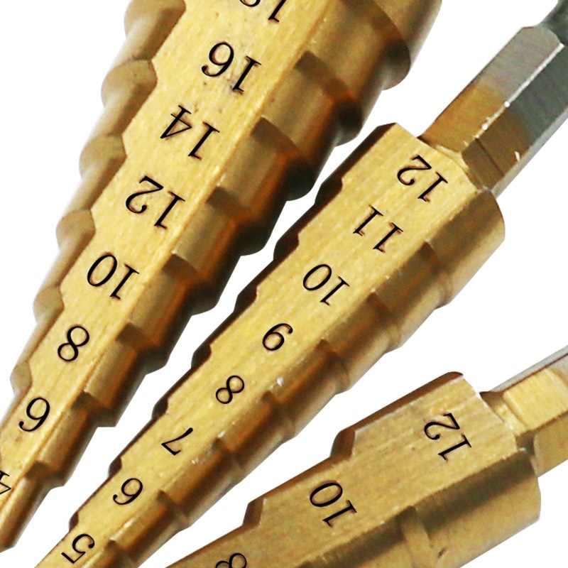 Steel Titanium Coated Step Drill Bits 3-12mm 4-12mm 4-20mm Step Cone Cutting   Hand Tools Steel Wood Metal Drilling Power Set
