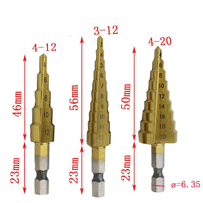 Steel Titanium Coated Step Drill Bits 3-12mm 4-12mm 4-20mm Step Cone Cutting   Hand Tools Steel Wood Metal Drilling Power Set