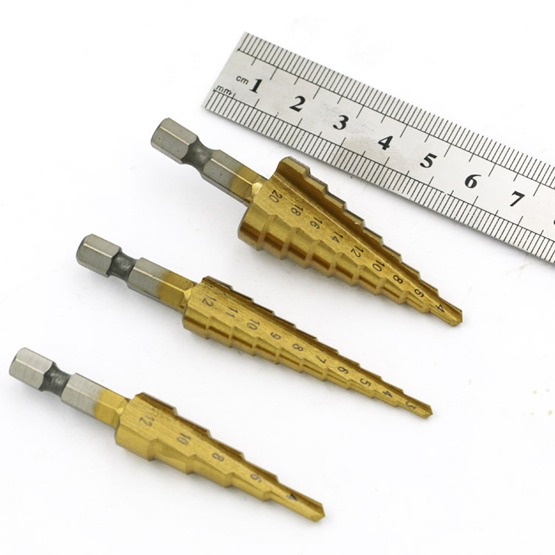 Steel Titanium Coated Step Drill Bits 3-12mm 4-12mm 4-20mm Step Cone Cutting   Hand Tools Steel Wood Metal Drilling Power Set