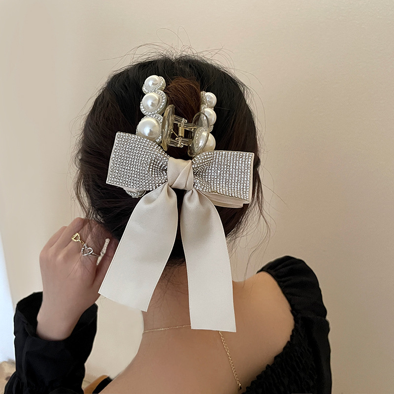 fresh temperament catch clip with pearl and diamond bow tie catch hairpin literary fan's hairpin