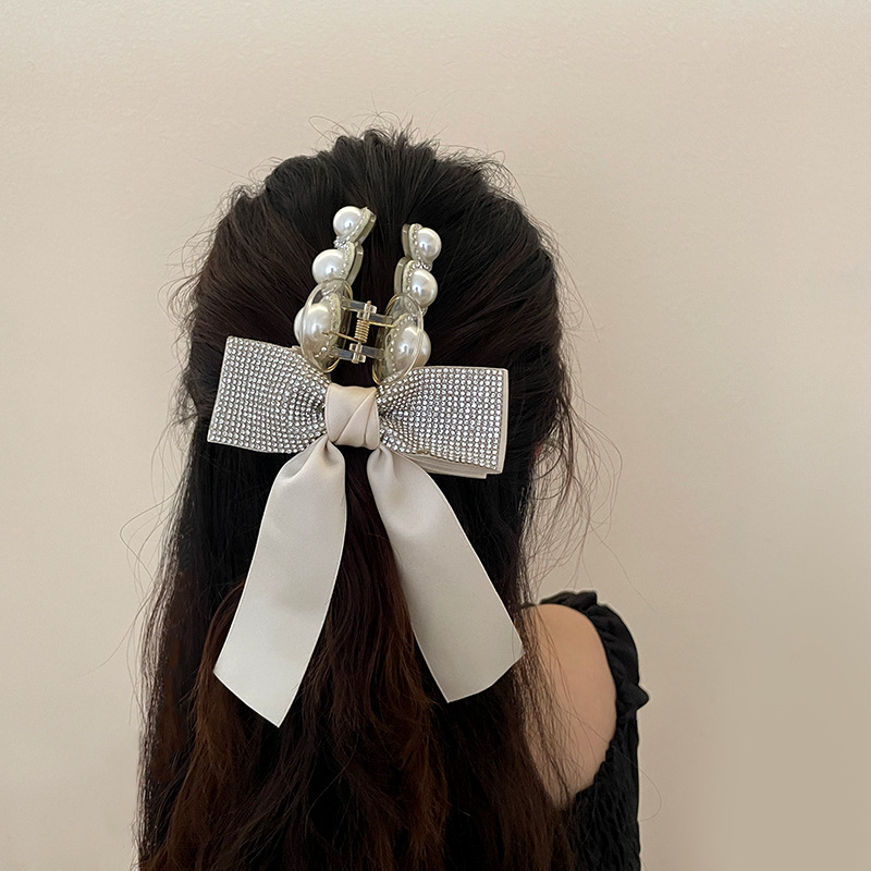 fresh temperament catch clip with pearl and diamond bow tie catch hairpin literary fan's hairpin