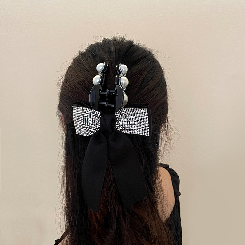 fresh temperament catch clip with pearl and diamond bow tie catch hairpin literary fan's hairpin