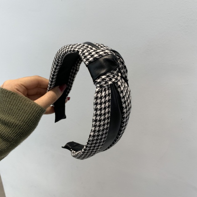 Ladies PU Leather Houndstooth Knot Headbands for Women Girls Wide Splicing Plaid Hairbands Bezel Hair Hoop Hair Accessories