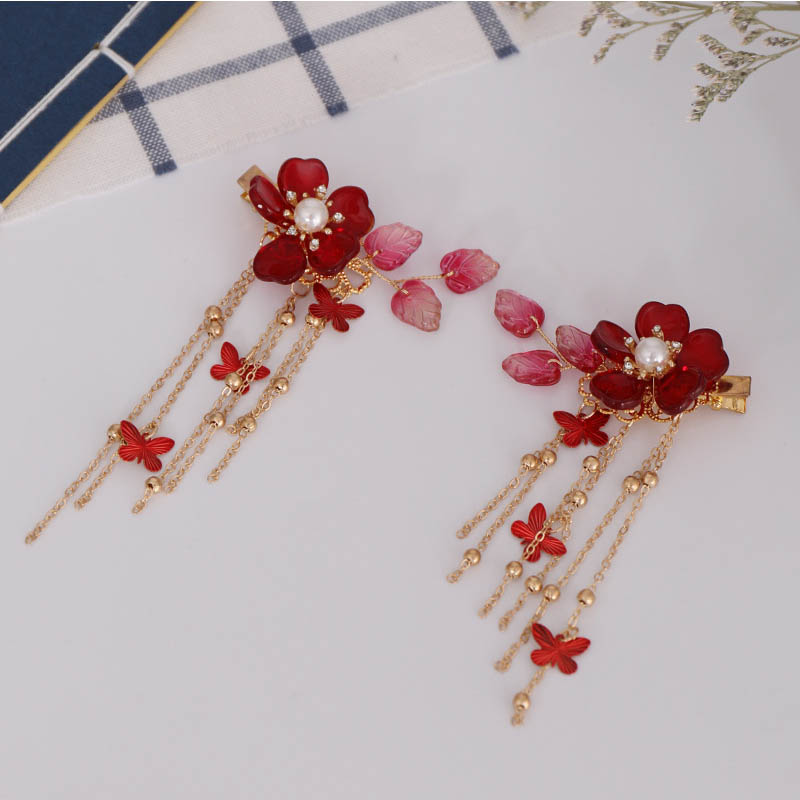 1pair Exquisite Pearl Crystal Red Flower Hairclip Retro Chinese Dress Headwear Long Butterfly Tassel Chain Hair Pins Bride Tiara