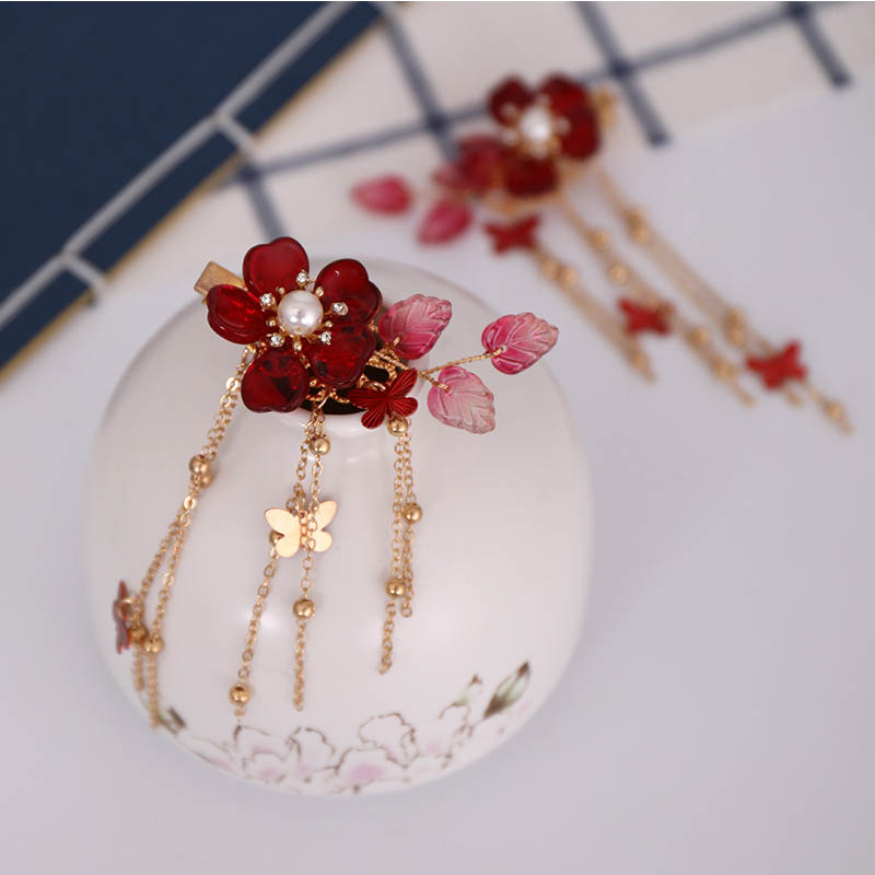 1pair Exquisite Pearl Crystal Red Flower Hairclip Retro Chinese Dress Headwear Long Butterfly Tassel Chain Hair Pins Bride Tiara