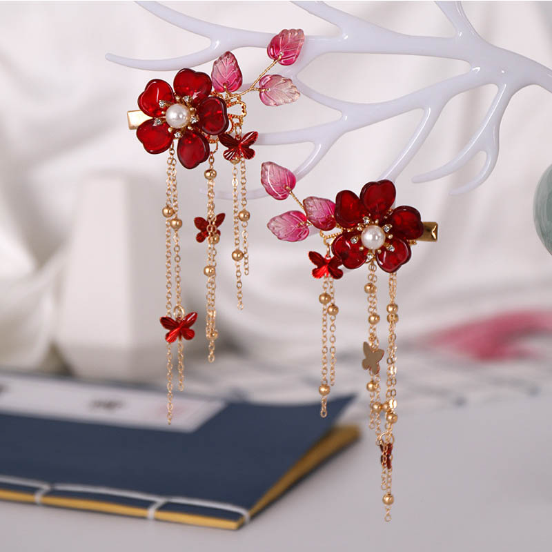 1pair Exquisite Pearl Crystal Red Flower Hairclip Retro Chinese Dress Headwear Long Butterfly Tassel Chain Hair Pins Bride Tiara