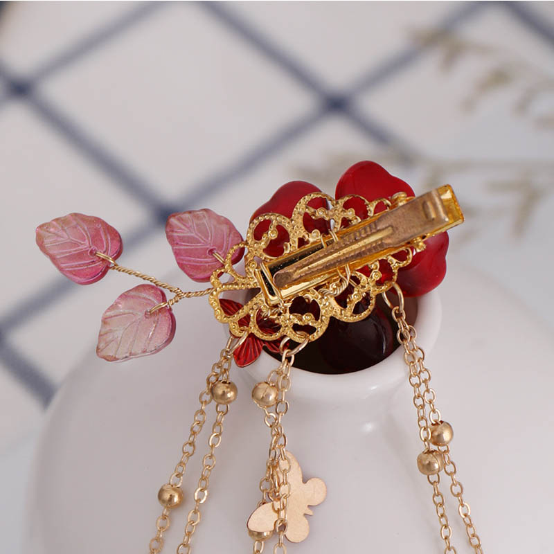 1pair Exquisite Pearl Crystal Red Flower Hairclip Retro Chinese Dress Headwear Long Butterfly Tassel Chain Hair Pins Bride Tiara