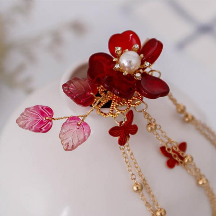 1pair Exquisite Pearl Crystal Red Flower Hairclip Retro Chinese Dress Headwear Long Butterfly Tassel Chain Hair Pins Bride Tiara