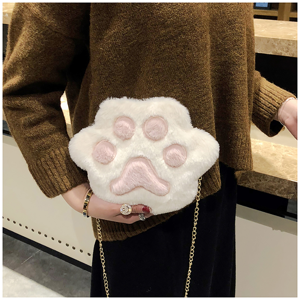 Cute Cat Paw Shoulder Bag For Women Autumn Winter Sweet Girl Casual Plush Crossbody Handbag Fashion Chain Messenger Bag