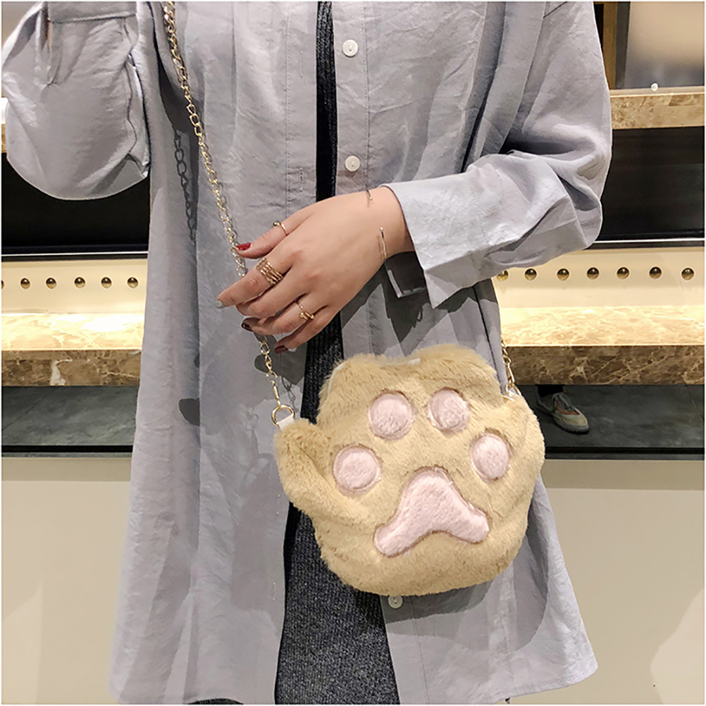 Cute Cat Paw Shoulder Bag For Women Autumn Winter Sweet Girl Casual Plush Crossbody Handbag Fashion Chain Messenger Bag