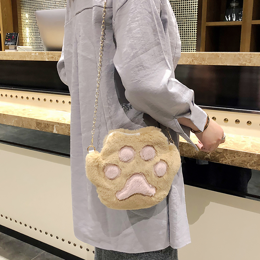Cute Cat Paw Shoulder Bag For Women Autumn Winter Sweet Girl Casual Plush Crossbody Handbag Fashion Chain Messenger Bag