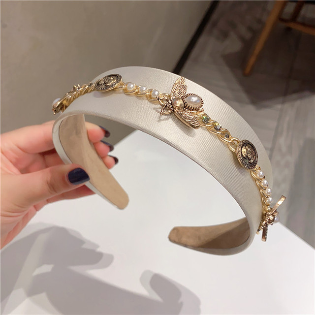 Vintage Luxury Pearl Gem Bee Alloy Wide Headband Full Pearl Metal Badge Headwear Hair Accessories Crown Baroque Flower Hairbands
