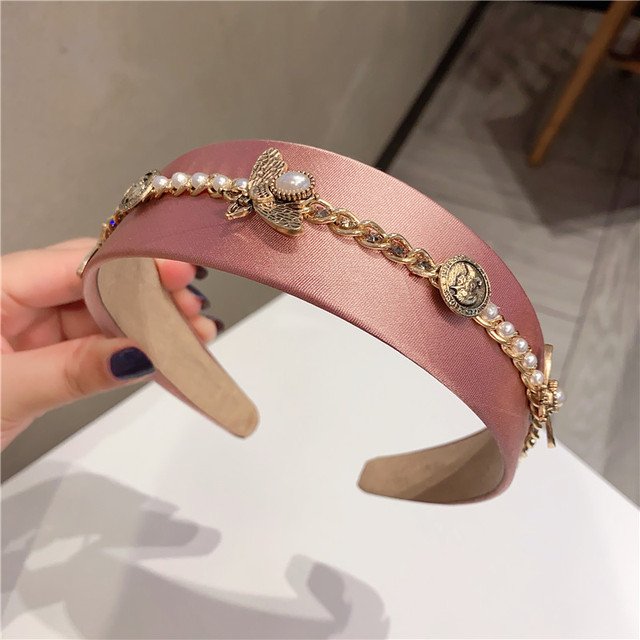 Vintage Luxury Pearl Gem Bee Alloy Wide Headband Full Pearl Metal Badge Headwear Hair Accessories Crown Baroque Flower Hairbands