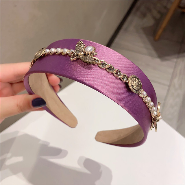 Vintage Luxury Pearl Gem Bee Alloy Wide Headband Full Pearl Metal Badge Headwear Hair Accessories Crown Baroque Flower Hairbands