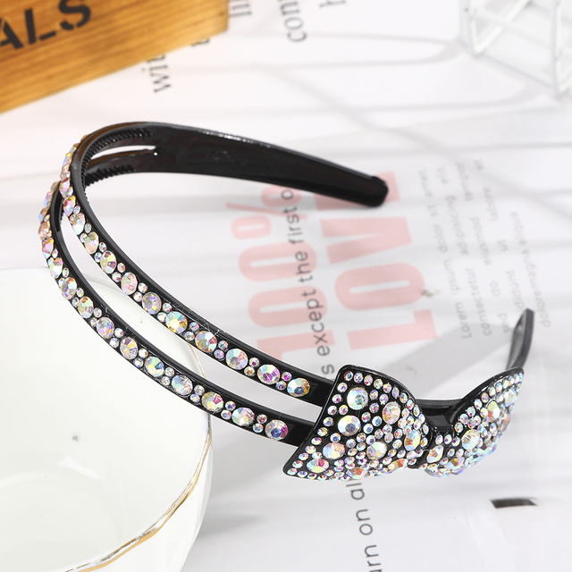 Double Row Bow Rhinestone Hairbands Non-slip Bezel Hair Hoop Crystal Headband for Women Hair Bands Ties Hair Accessories