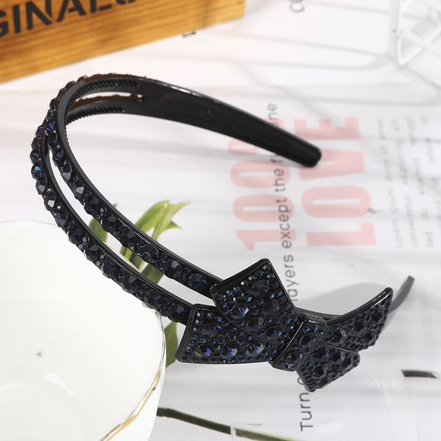 Double Row Bow Rhinestone Hairbands Non-slip Bezel Hair Hoop Crystal Headband for Women Hair Bands Ties Hair Accessories